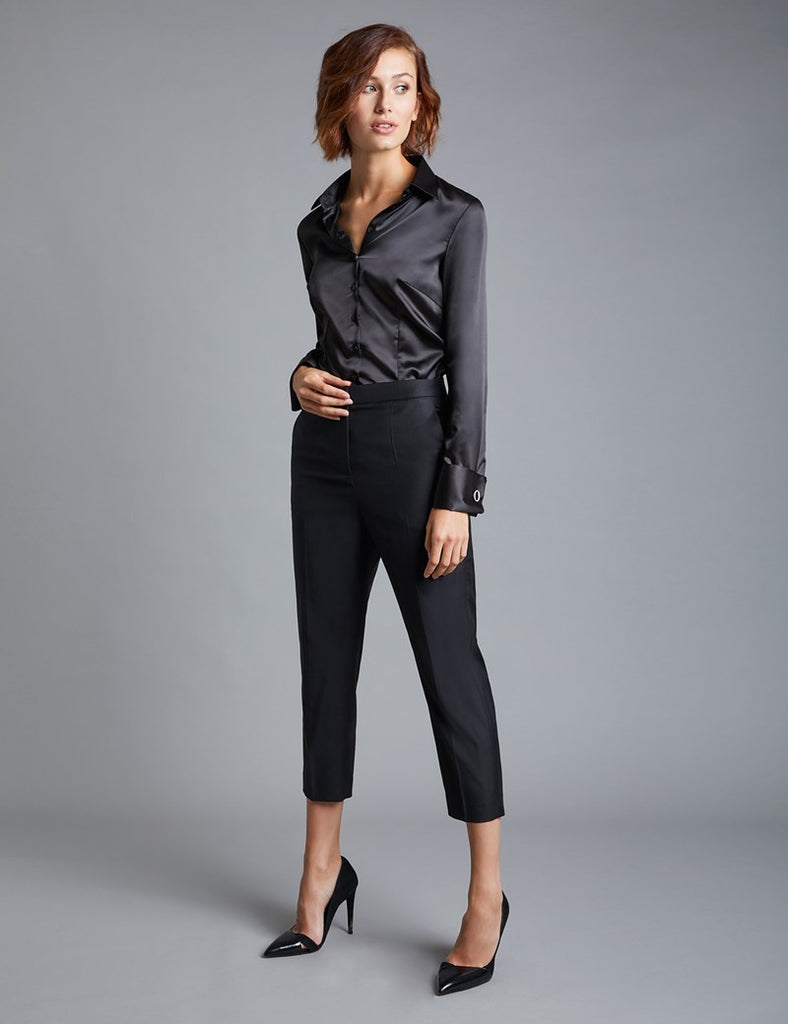 PLAIN BLACK FITTED SATIN SHIRT - DOUBLE CUFF