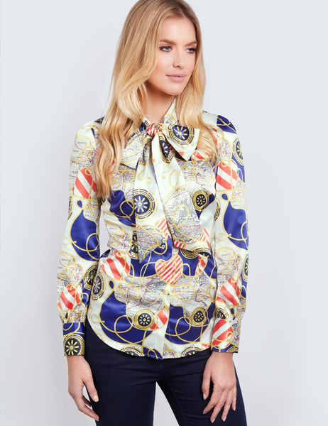 Cream & Gold Rope Print Fitted Satin Blouse