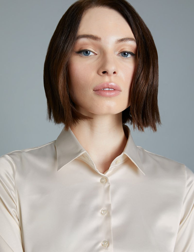 Cream Fitted Satin Shirt - Double Cuff