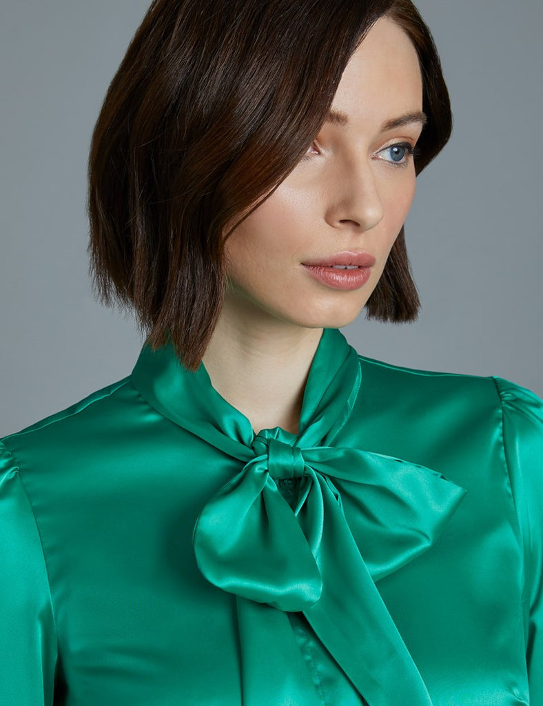 Green Fitted Satin Blouse, Pussy Bow