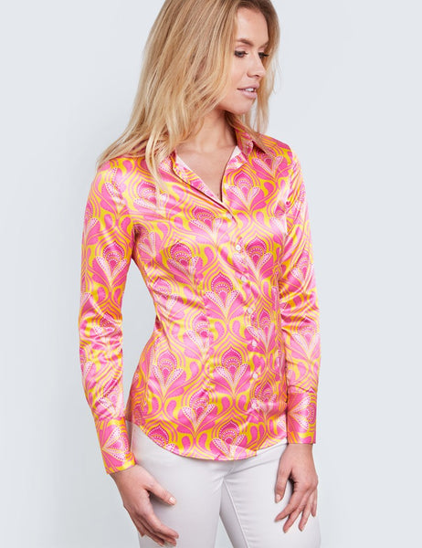 Pink & Yellow Retro Geometric Design Fitted Satin Shirt
