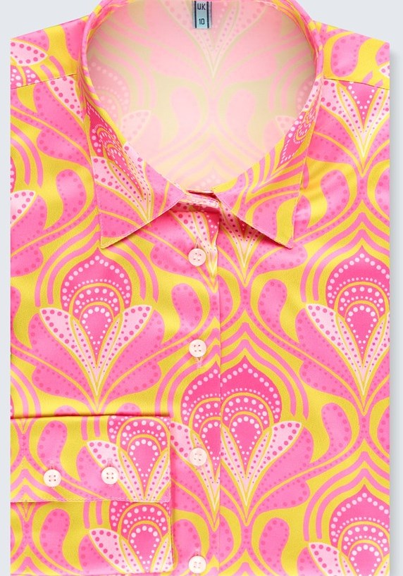 Pink & Yellow Retro Geometric Design Fitted Satin Shirt