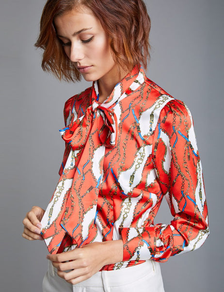 Red & White Chain Design Fitted Satin Blouse