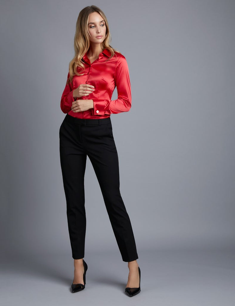 Red Fitted Satin Shirt - Double Cuff