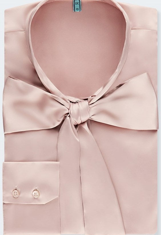 Taupe Fitted Satin Blouse - Pussy Bow