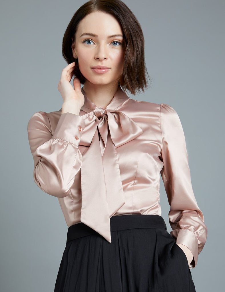 Taupe Fitted Satin Blouse - Pussy Bow