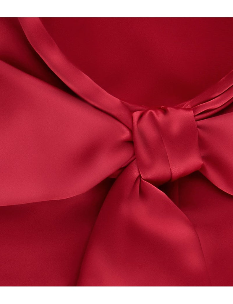 Red Fitted Satin Blouse, Pussy Bow