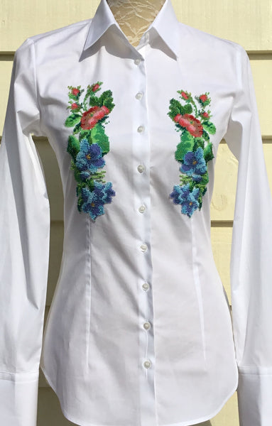 HAND EMBROIDERED WHITE SHIRT WITH BEADS - DOUBLE CUFF