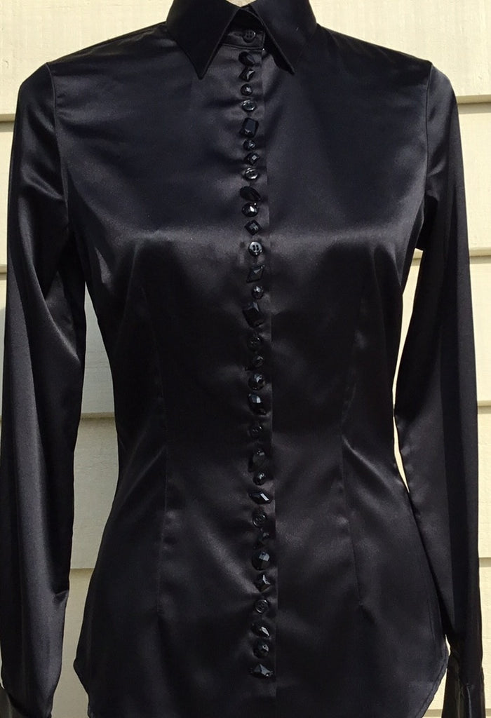 JEWELLERED BLACK FITTED SATIN SHIRT - DOUBLE CUFF
