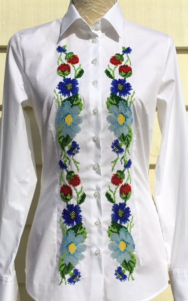 HAND EMBROIDERED WHITE SHIRT WITH BEADS - DOUBLE CUFF