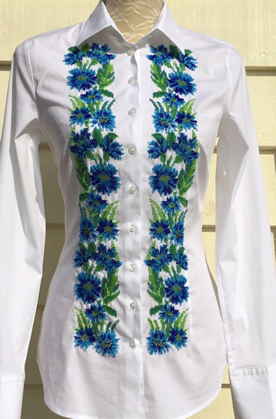 HAND EMBROIDERED WHITE SHIRT WITH BEADS - DOUBLE CUFF