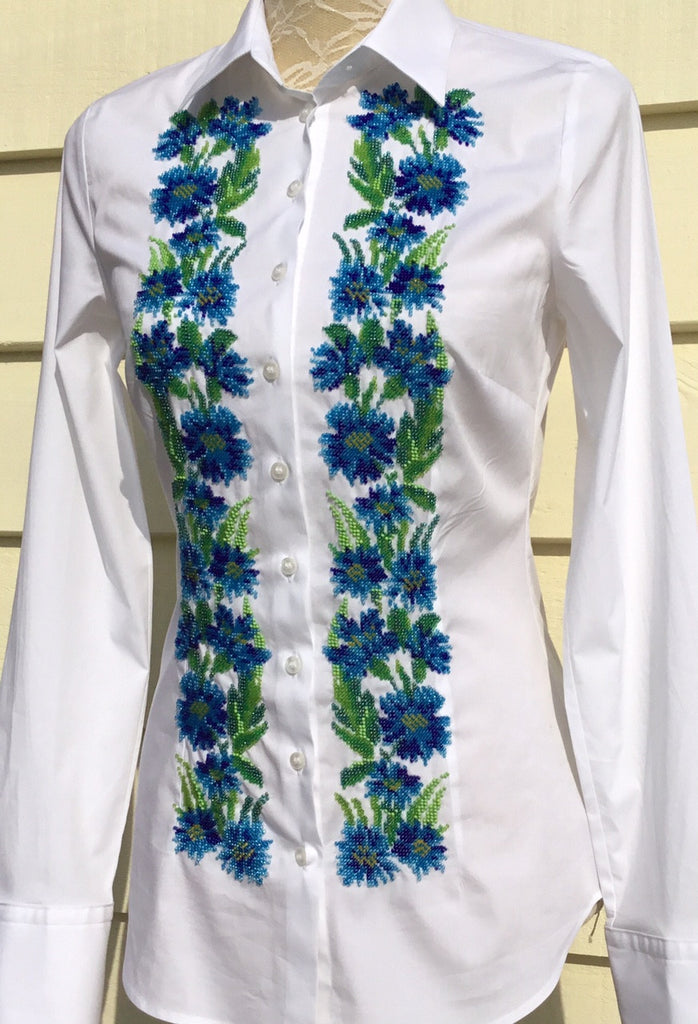 HAND EMBROIDERED WHITE SHIRT WITH BEADS - DOUBLE CUFF