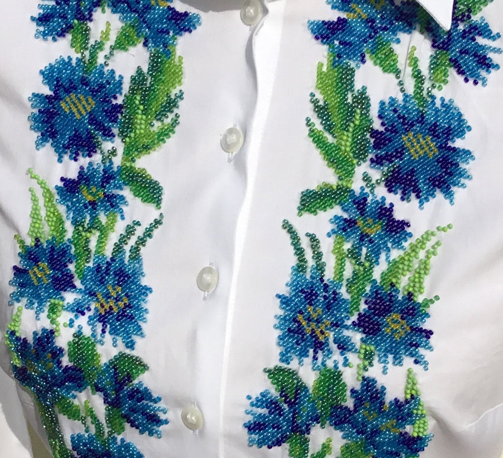 HAND EMBROIDERED WHITE SHIRT WITH BEADS - DOUBLE CUFF